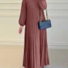 ZANZEA Islamic Hijab Women Abaya Robe Elegant Muslim Fashion O Neck Solid Pleated Dress Spring 2025 Casual Loose A-line Vestidos – Image 3
