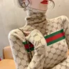 Women Slim Turtleneck Commute Warm Knitted Pullover Autumn Winter Vintage Soft Elastic Striped Letter Jacquard Sweaters – Image 2