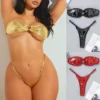 2024 New Bikini Sexy Golden 2 Pieces Lace Bikini Set Swimsuit Extreme Mini Thong Bathing Suit Bikin 3-Point Split Swimwear