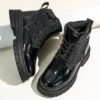 Women's Ankle Low Heel Platform Chunky Sole Lace Up Glitter Sequin Boots – Image 3