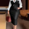 Gymystars Womens Dresses Shirt PU Skirt New Autumn Buttons Long Sleeve Patchwork Pocket Skinny Belted Lapel Female Midi Dress – Image 2