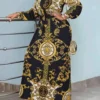Summer Women Bohemian Printed Party Sundress Long Sleeve Stand Collar Casual Robe Holiday Vestidos Belted