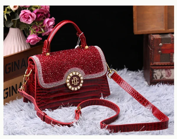 Fashion Diamonds Women Handbags 2023 Red Genuine Leather Lady Shoulder Messenger Bag Crocodile Pattern Portable Shell Tote Bags – Image 2
