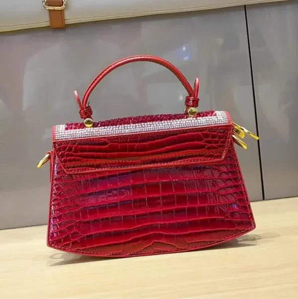 Fashion Diamonds Women Handbags 2023 Red Genuine Leather Lady Shoulder Messenger Bag Crocodile Pattern Portable Shell Tote Bags – Image 3