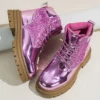 Women's Ankle Low Heel Platform Chunky Sole Lace Up Glitter Sequin Boots