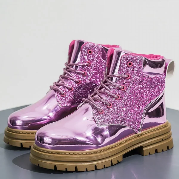 Women's Ankle Low Heel Platform Chunky Sole Lace Up Glitter Sequin Boots – Image 2